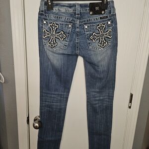 Miss Me Blue Skinny Jeans with Cross Embellishments